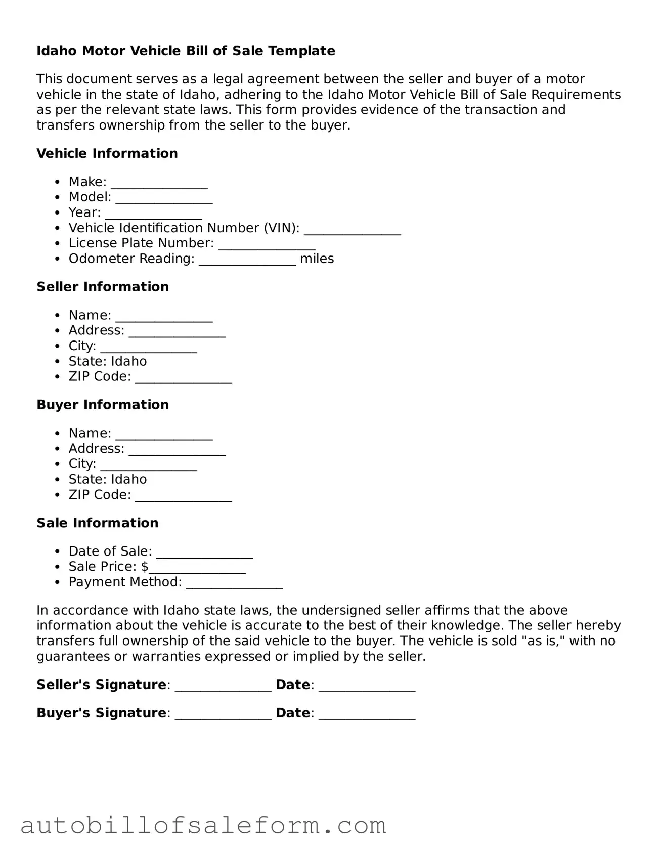 Free  Motor Vehicle Bill of Sale Template for Idaho