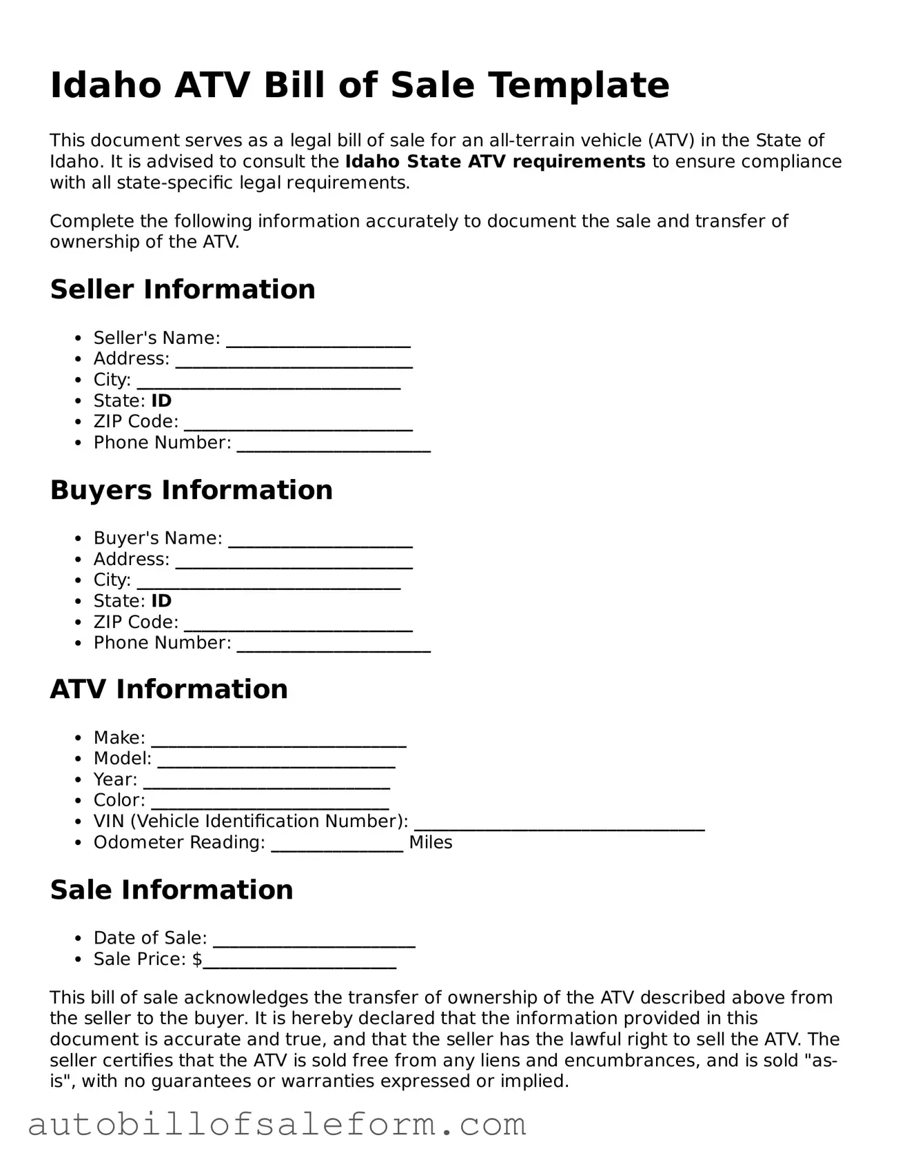 Free  ATV Bill of Sale Template for Idaho