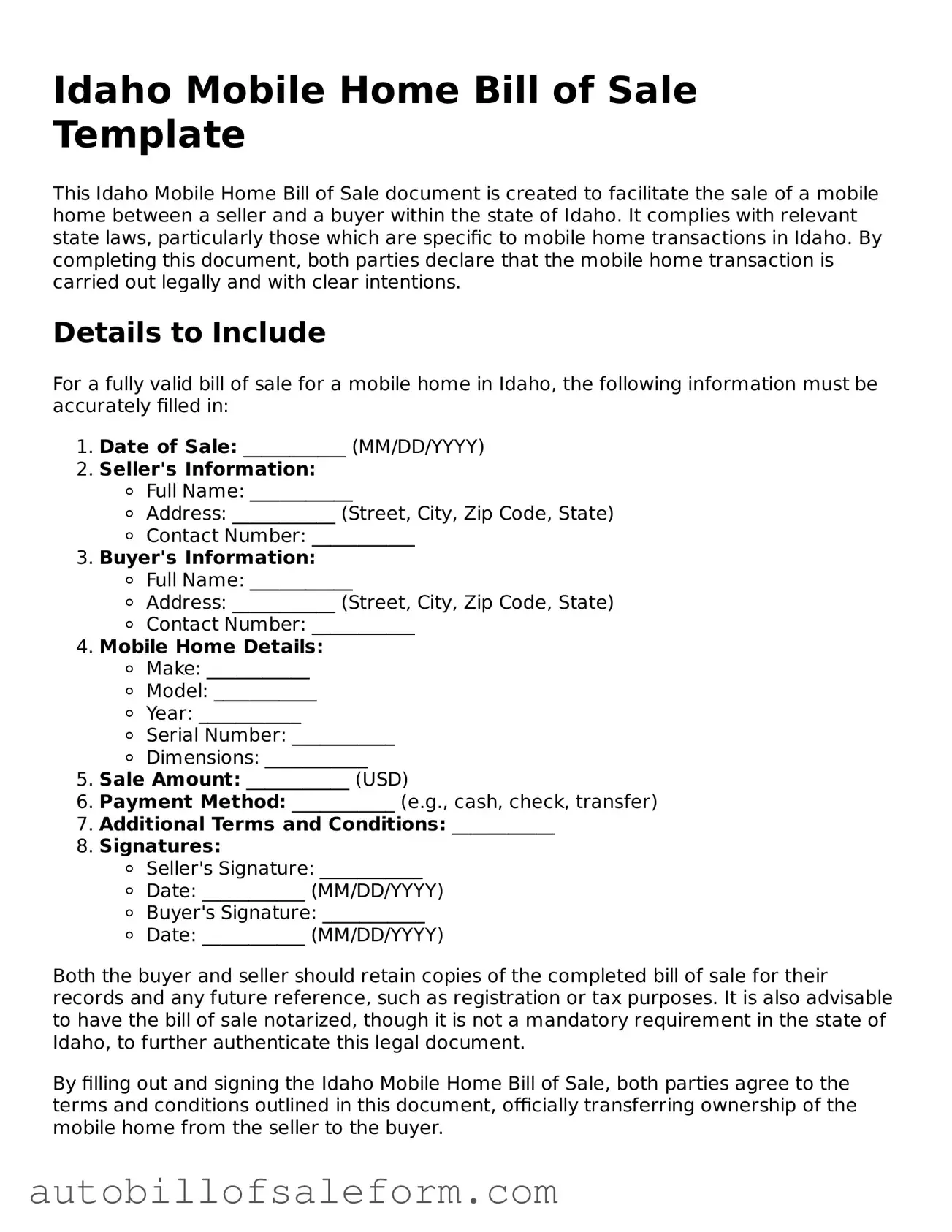 Free  Mobile Home Bill of Sale Template for Idaho