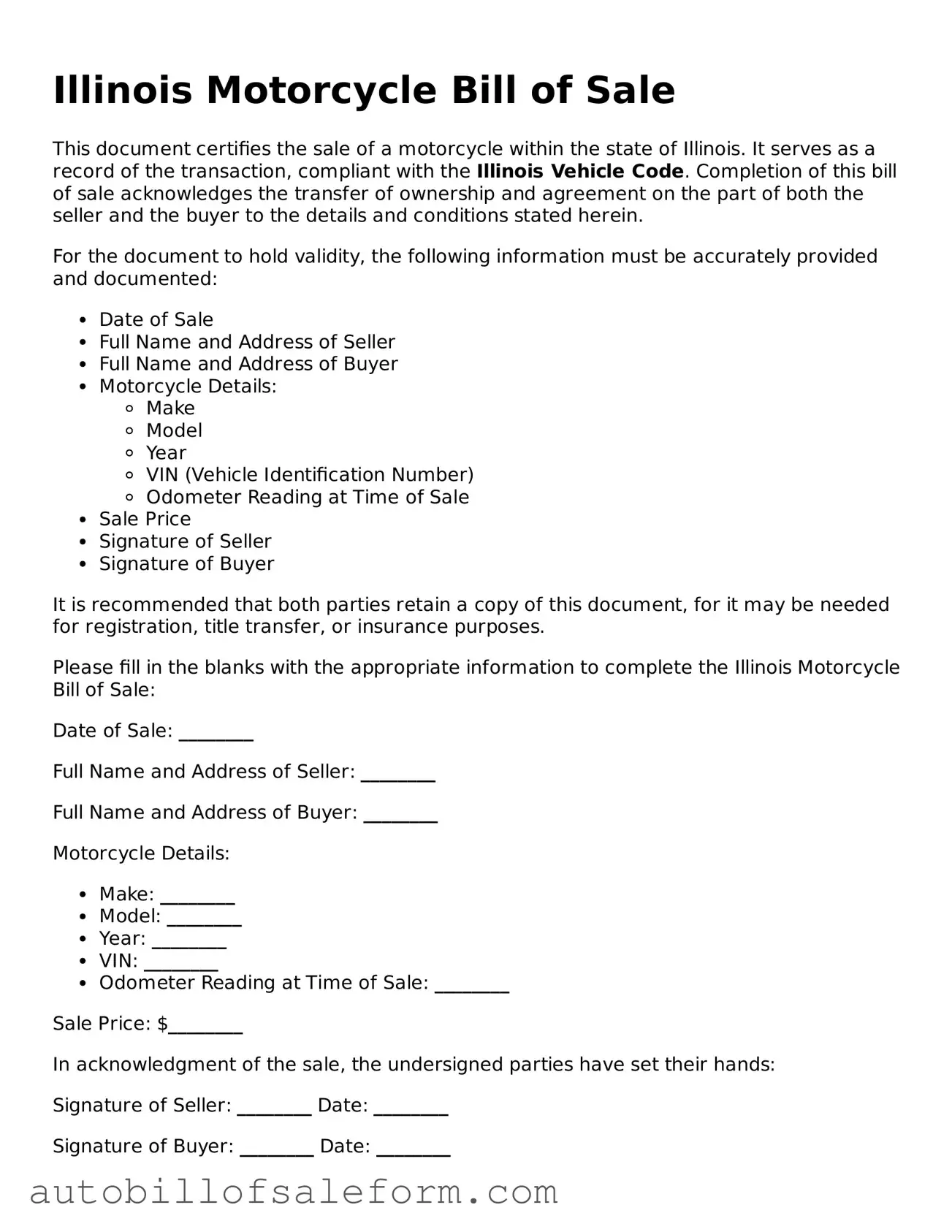 Free  Motorcycle Bill of Sale Template for Illinois