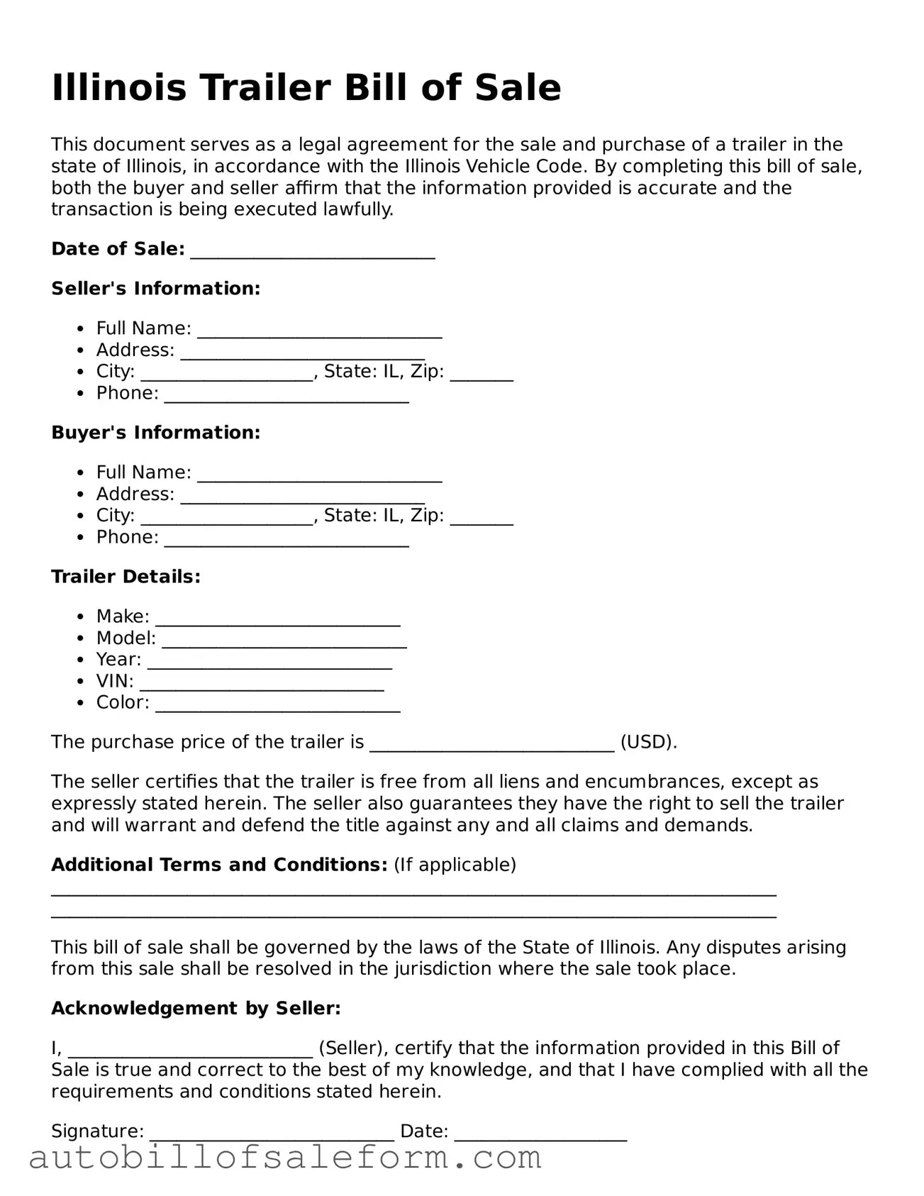 Free  Trailer Bill of Sale Template for Illinois