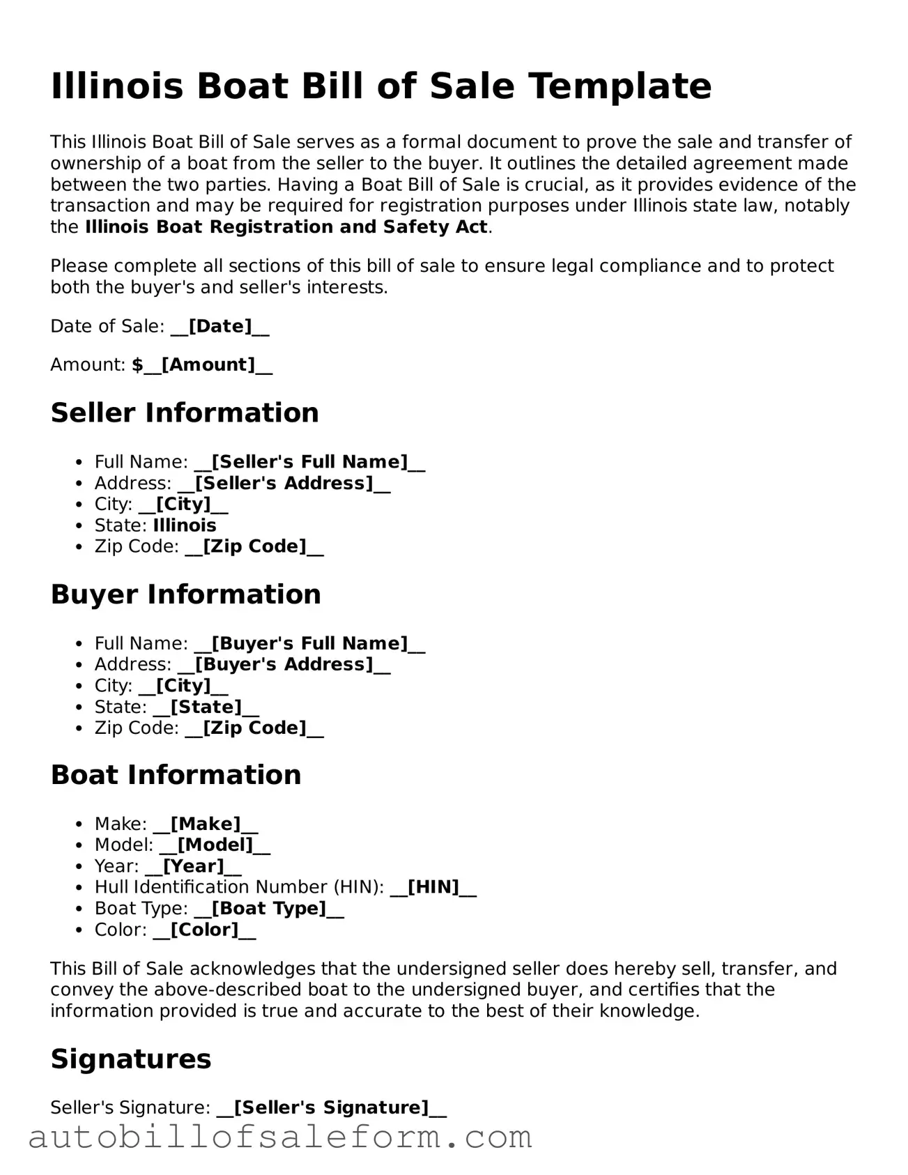 Free  Boat Bill of Sale Template for Illinois