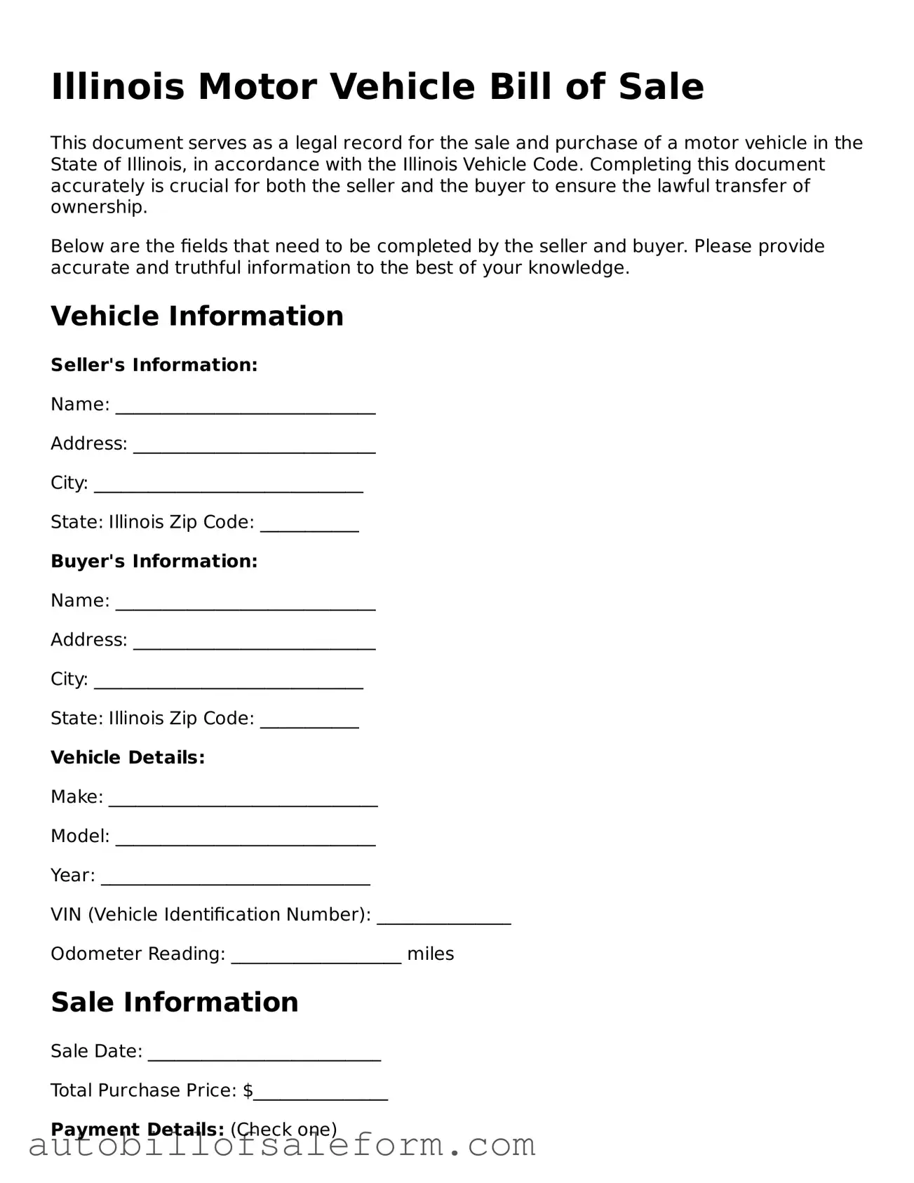 Free  Motor Vehicle Bill of Sale Template for Illinois