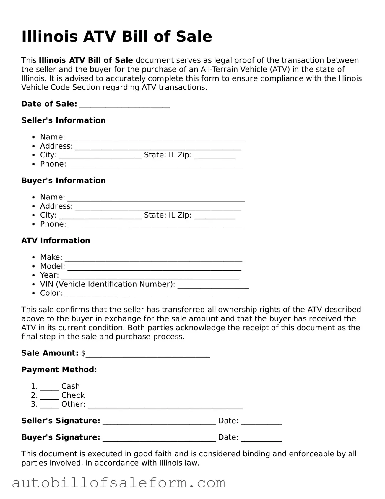 Free  ATV Bill of Sale Template for Illinois