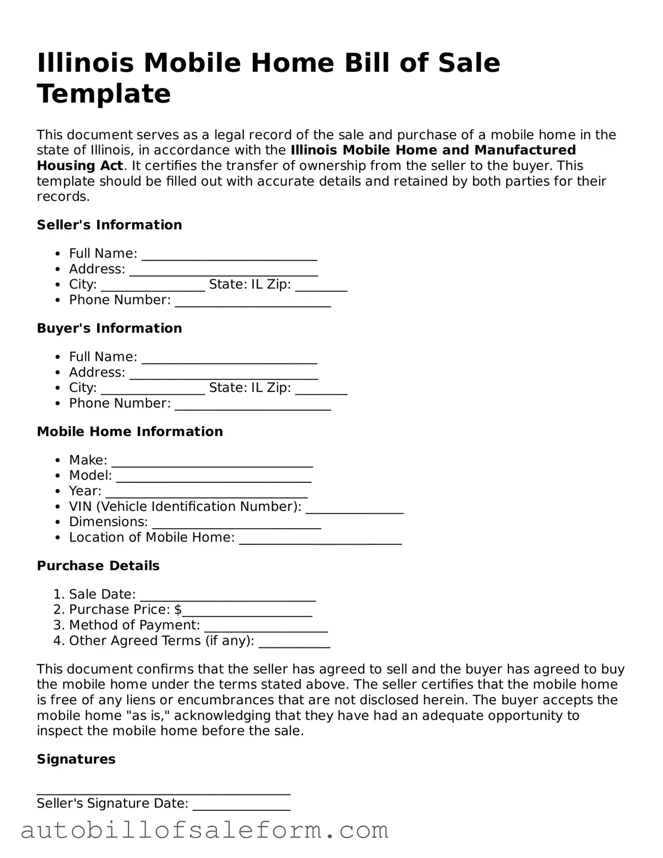 Free  Mobile Home Bill of Sale Template for Illinois