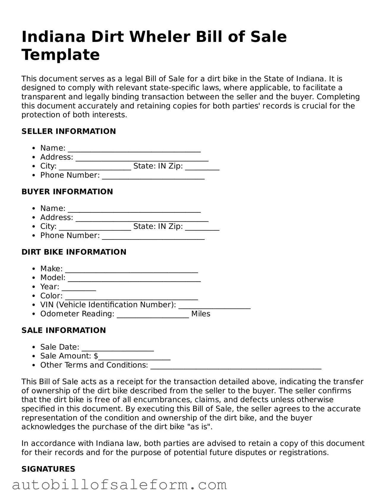 Free  Dirt Bike Bill of Sale Template for Indiana