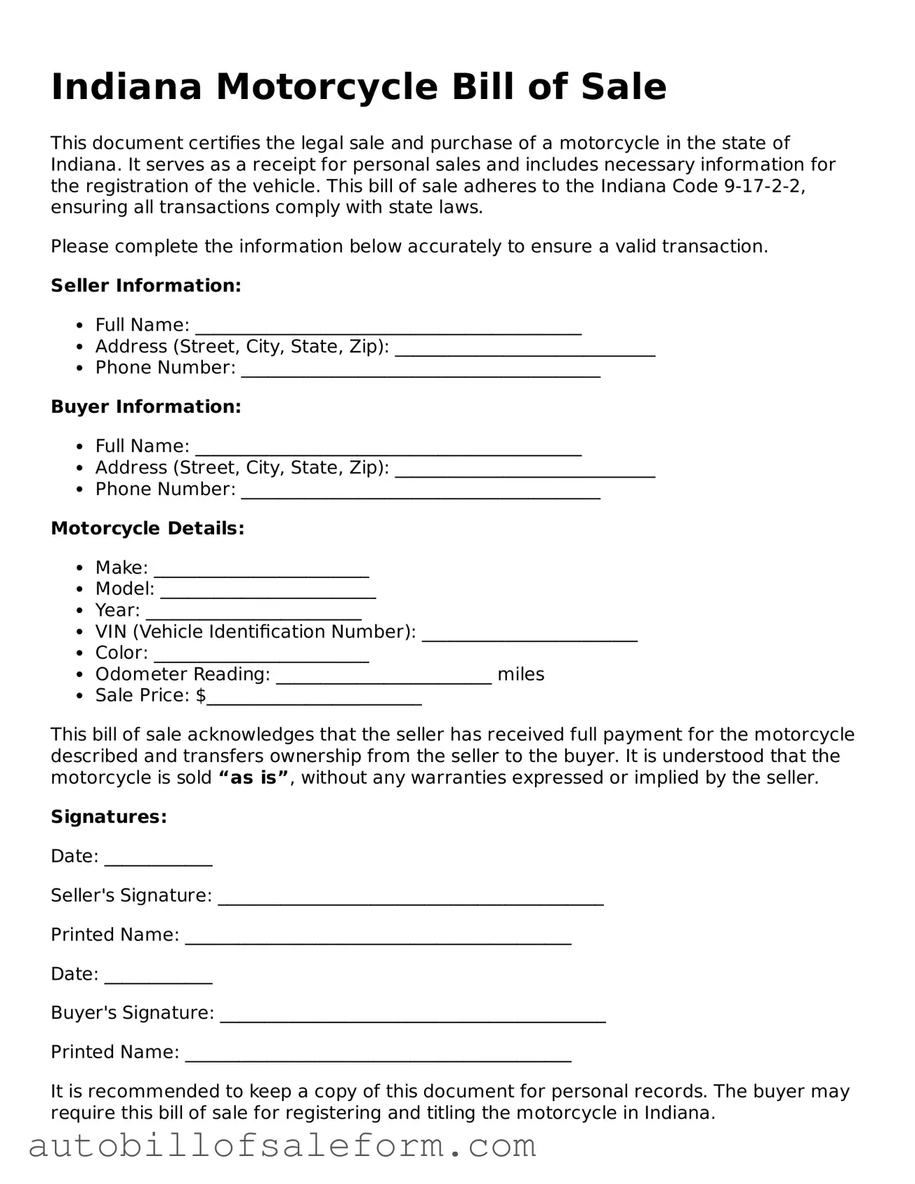 Free  Motorcycle Bill of Sale Template for Indiana