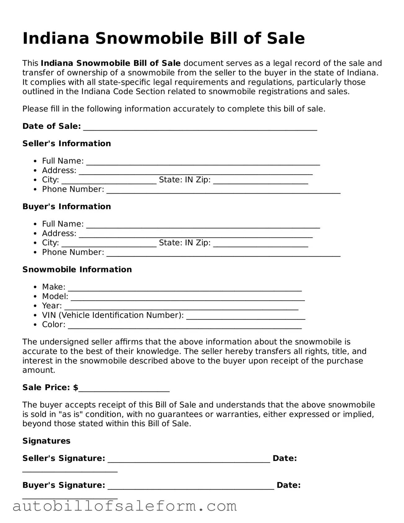 Free  Snowmobile Bill of Sale Template for Indiana