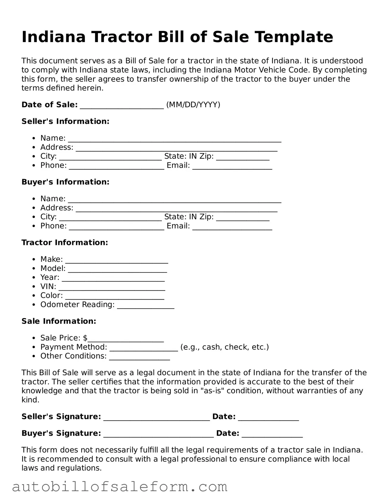 Free  Tractor Bill of Sale Template for Indiana