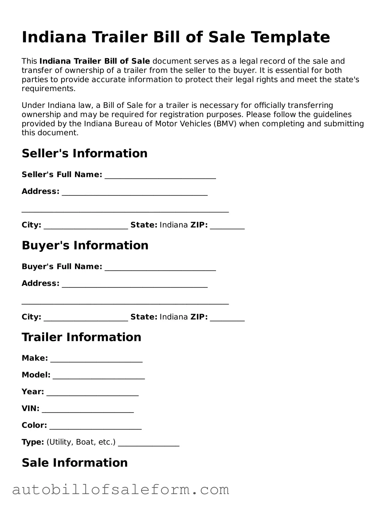 Free  Trailer Bill of Sale Template for Indiana