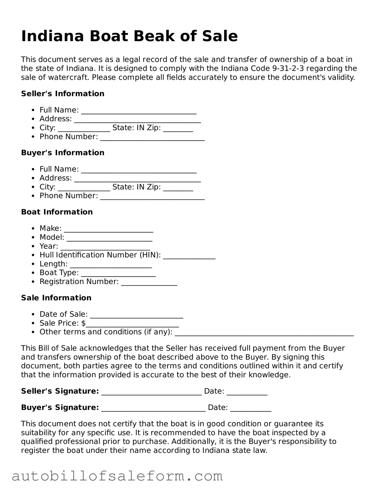 Free  Boat Bill of Sale Template for Indiana