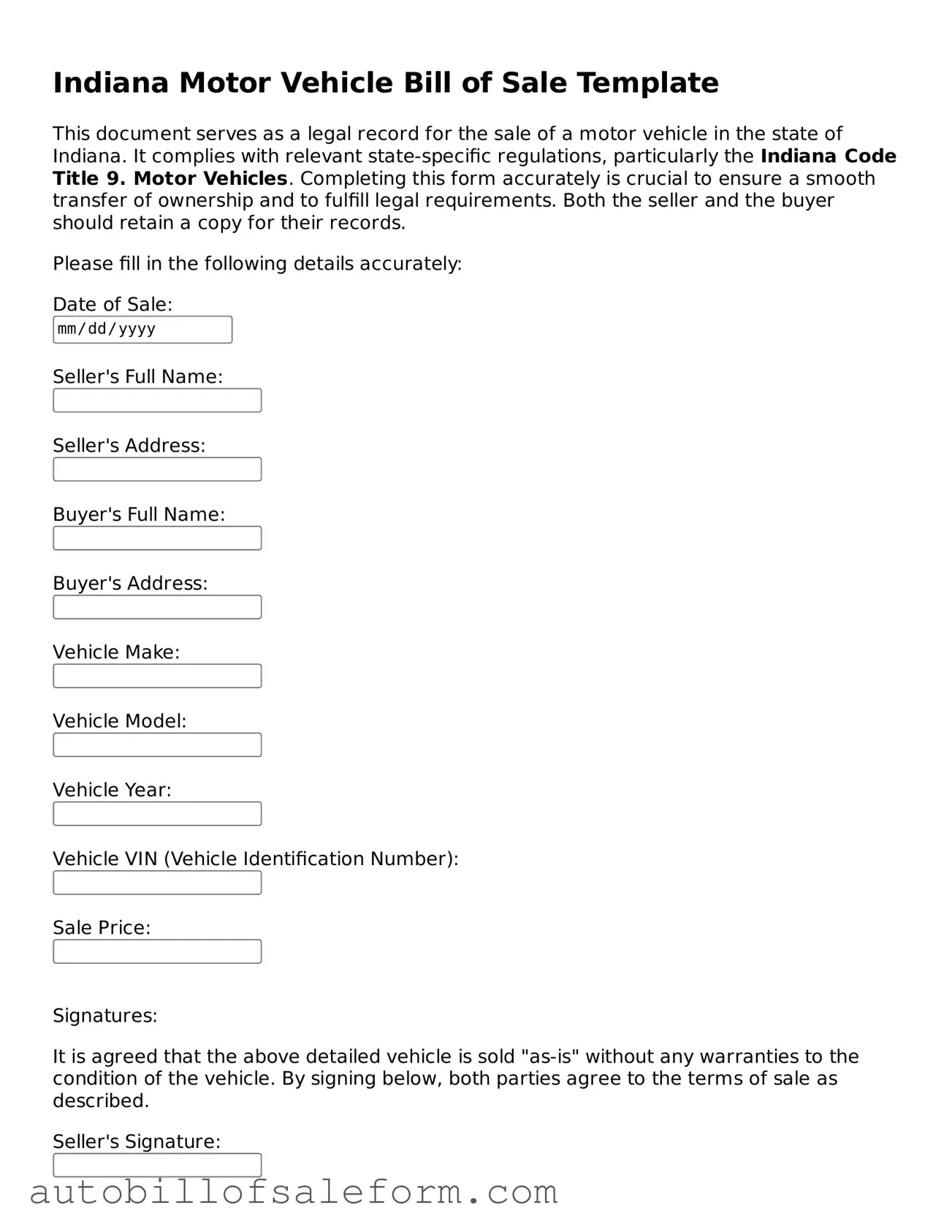 Free  Motor Vehicle Bill of Sale Template for Indiana