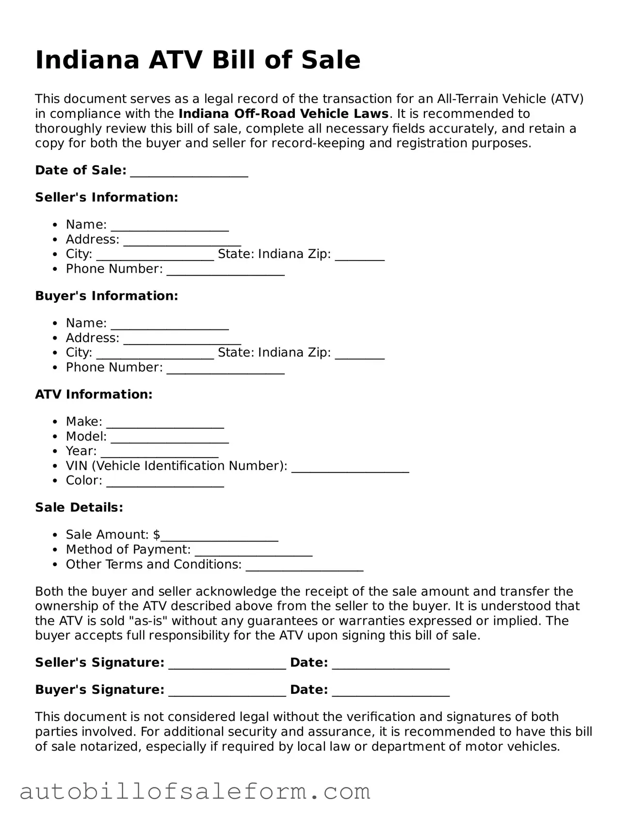 Free  ATV Bill of Sale Template for Indiana
