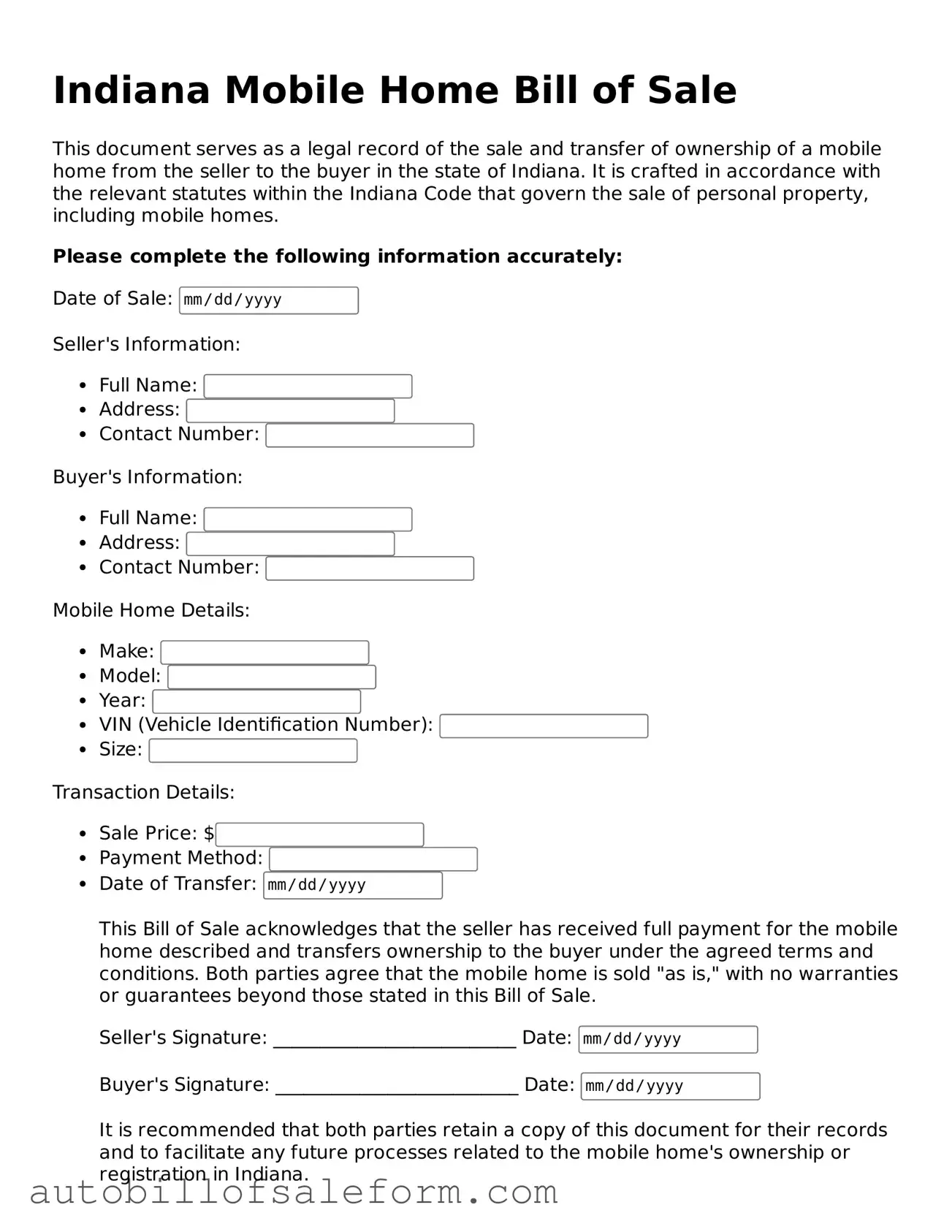 Free  Mobile Home Bill of Sale Template for Indiana