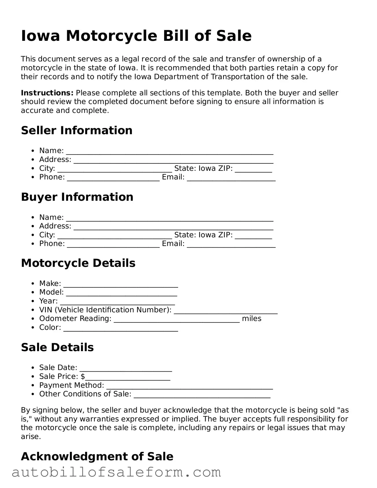 Free  Motorcycle Bill of Sale Template for Iowa