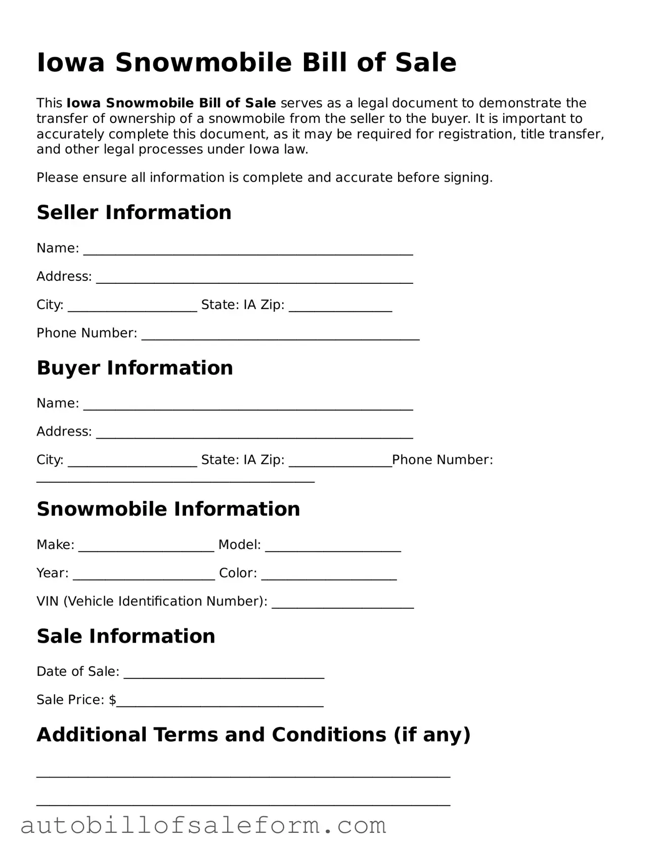 Free  Snowmobile Bill of Sale Template for Iowa