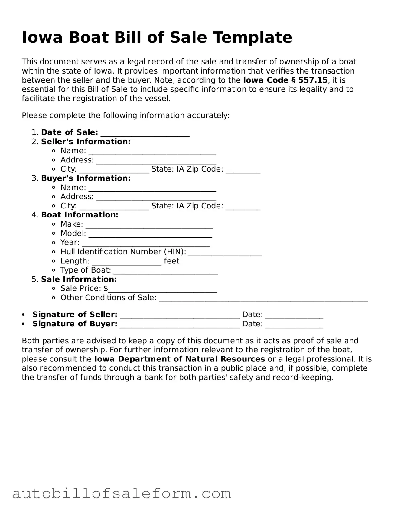 Free  Boat Bill of Sale Template for Iowa