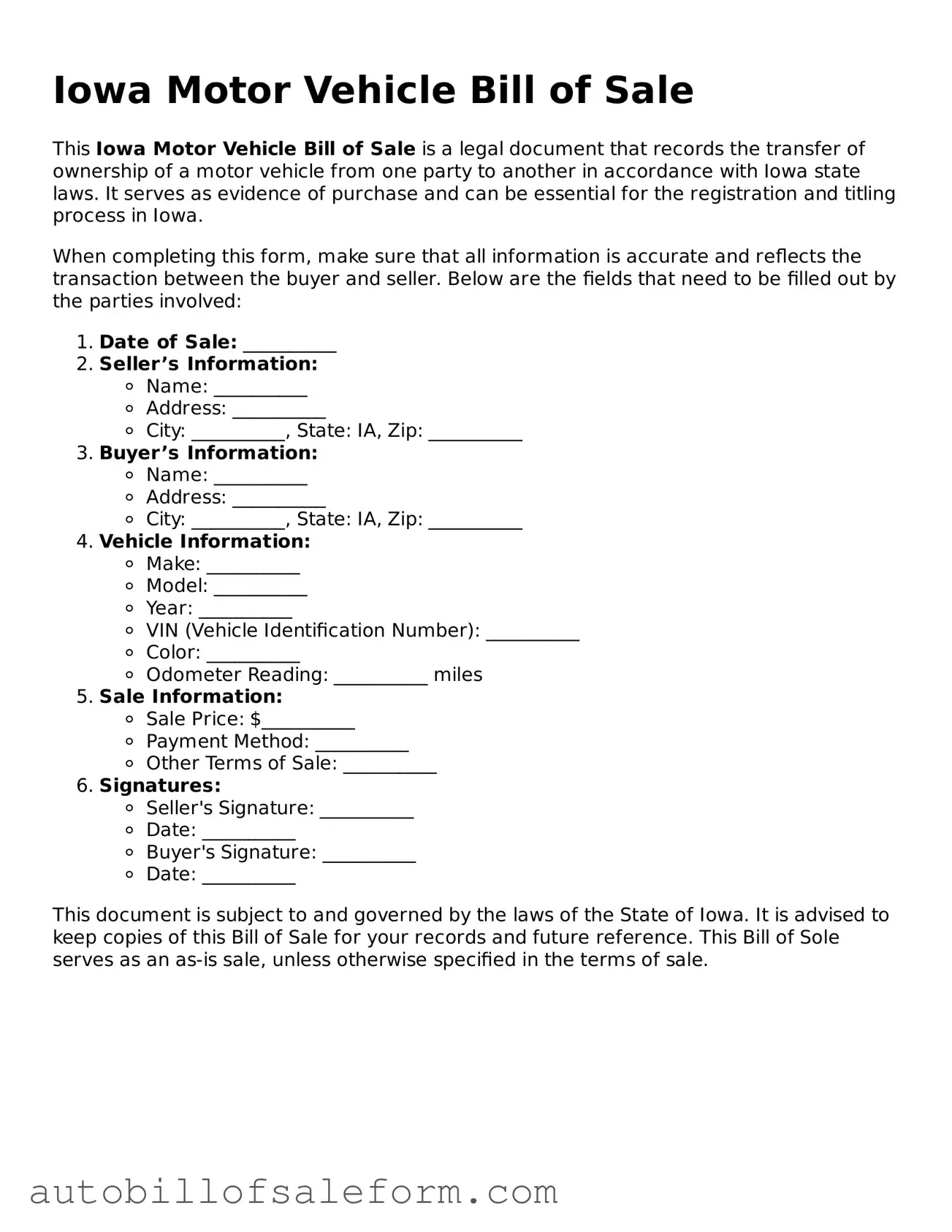 Free  Motor Vehicle Bill of Sale Template for Iowa