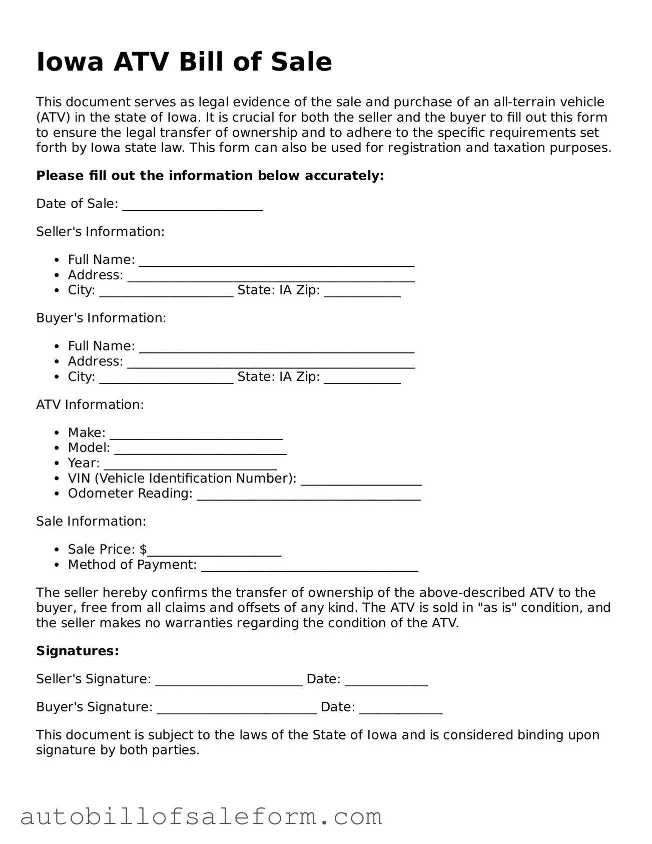 Free  ATV Bill of Sale Template for Iowa