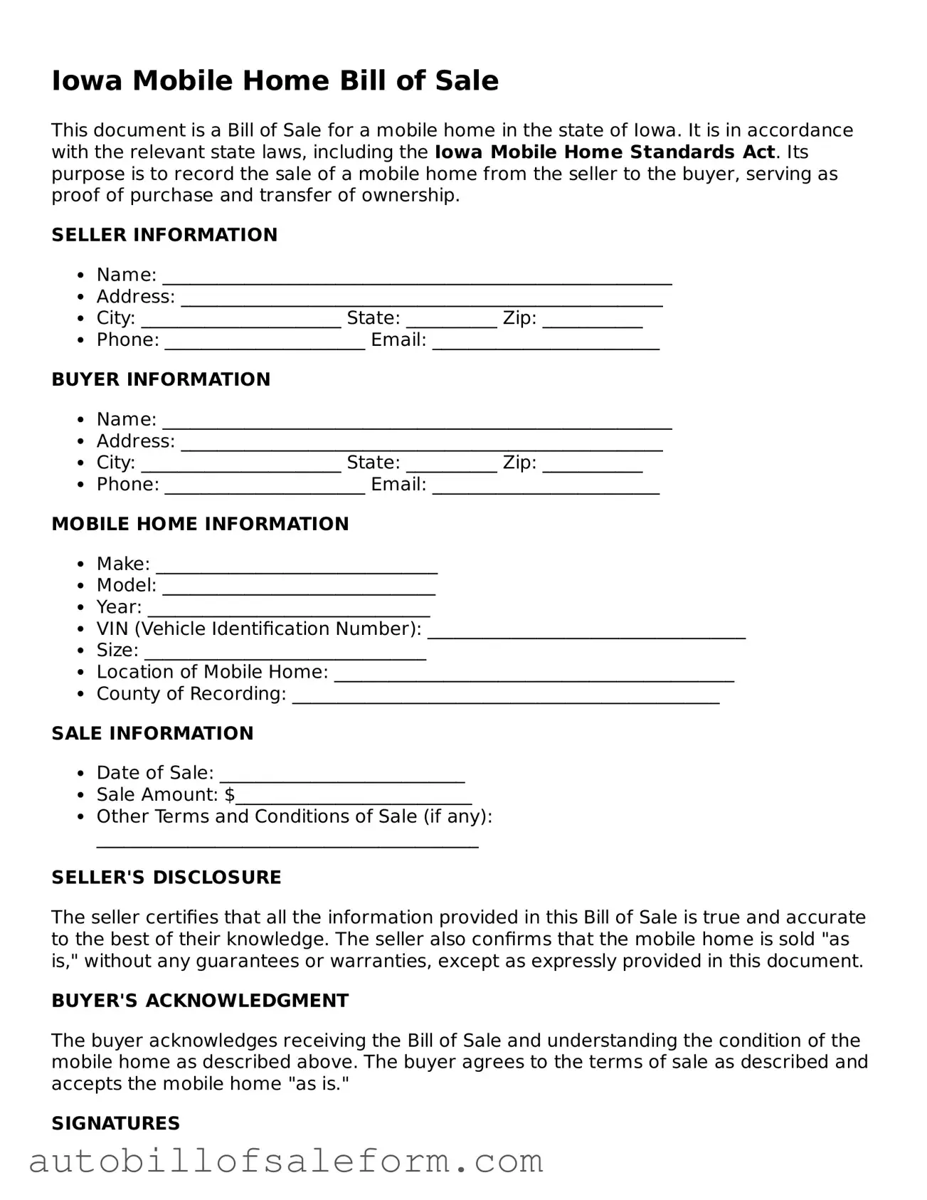 Free  Mobile Home Bill of Sale Template for Iowa
