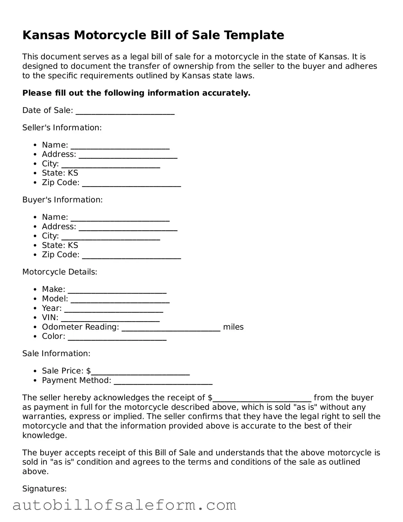 Free  Motorcycle Bill of Sale Template for Kansas