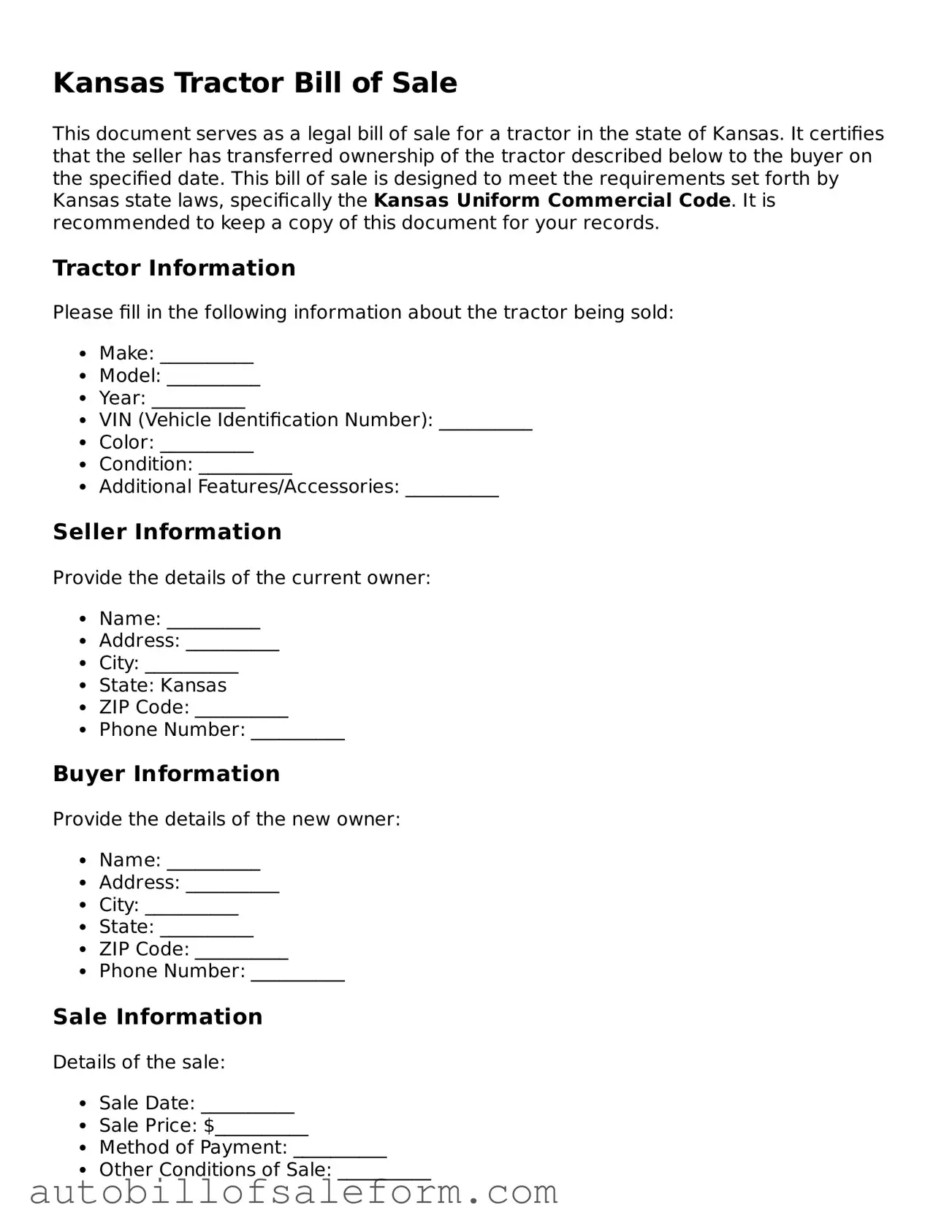Free  Tractor Bill of Sale Template for Kansas