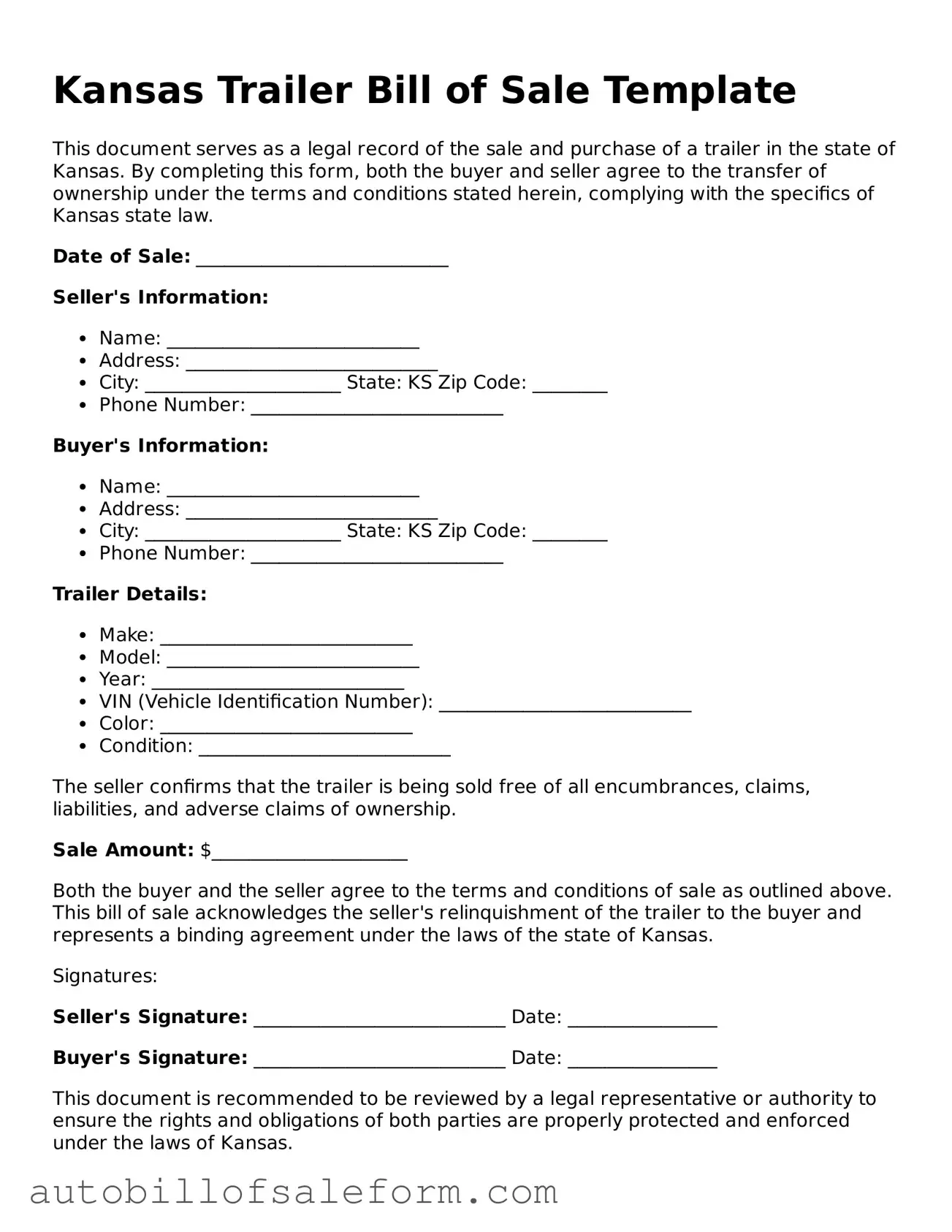 Free  Trailer Bill of Sale Template for Kansas