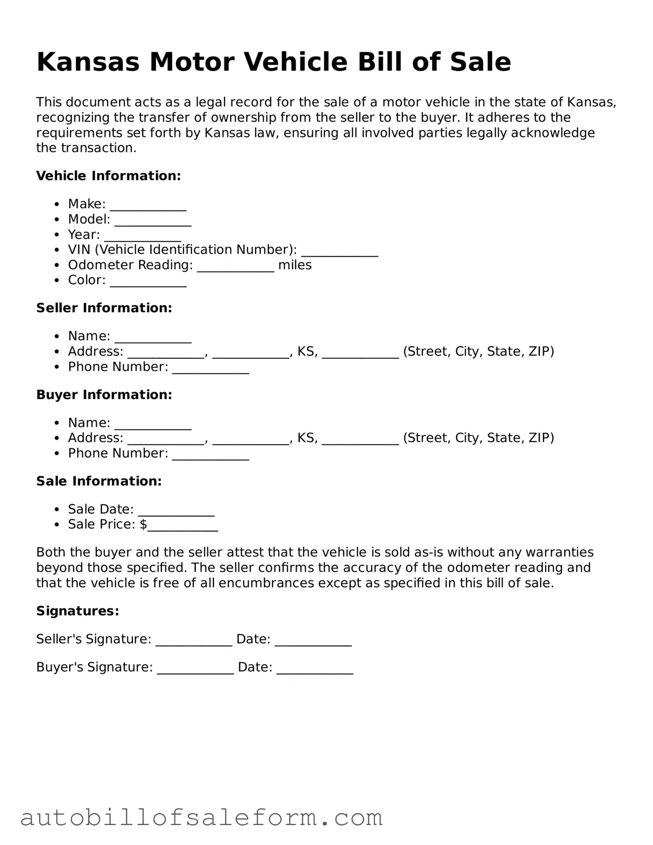 Free  Motor Vehicle Bill of Sale Template for Kansas