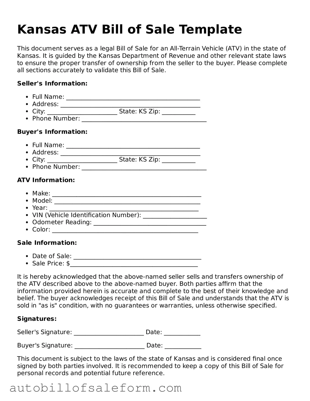 Free  ATV Bill of Sale Template for Kansas