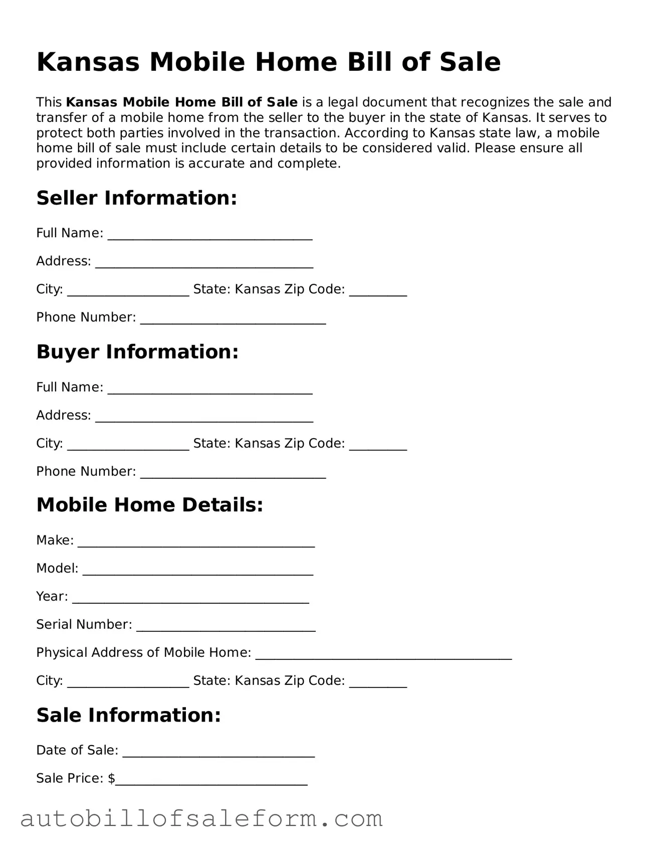 Free  Mobile Home Bill of Sale Template for Kansas