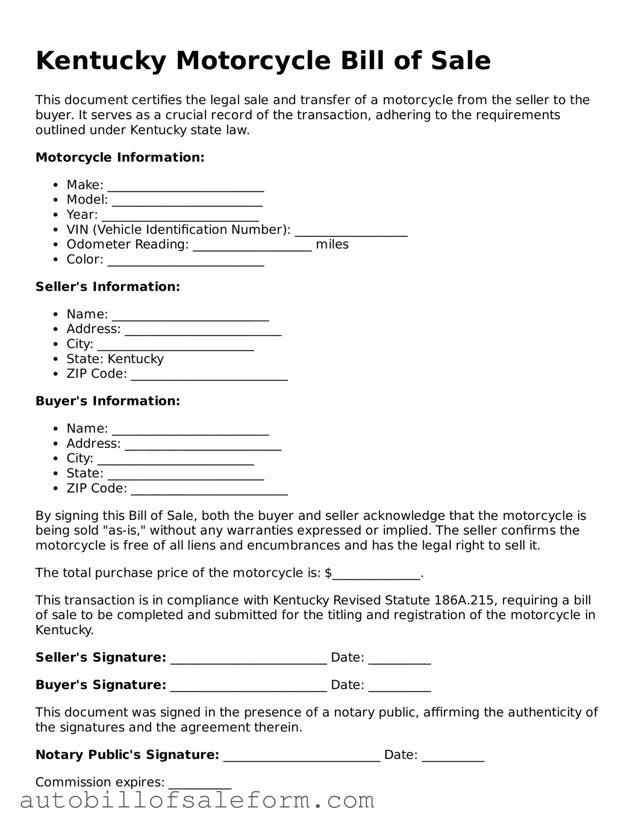 Free  Motorcycle Bill of Sale Template for Kentucky
