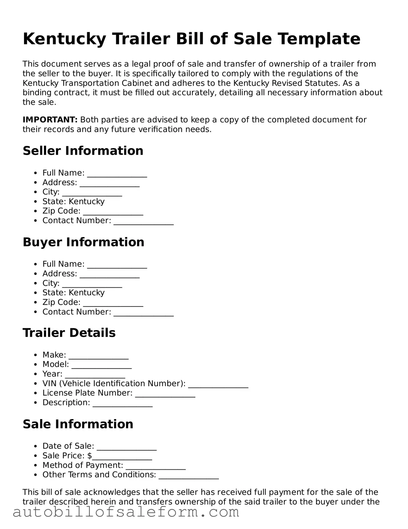 Free  Trailer Bill of Sale Template for Kentucky