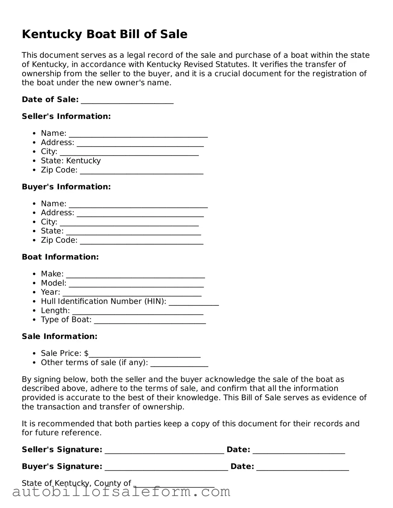 Free  Boat Bill of Sale Template for Kentucky