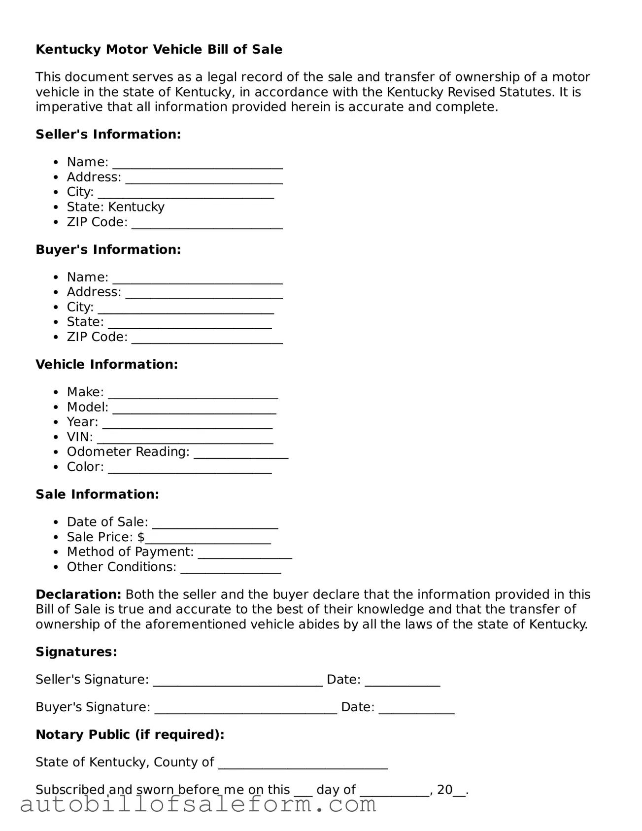 Free  Motor Vehicle Bill of Sale Template for Kentucky