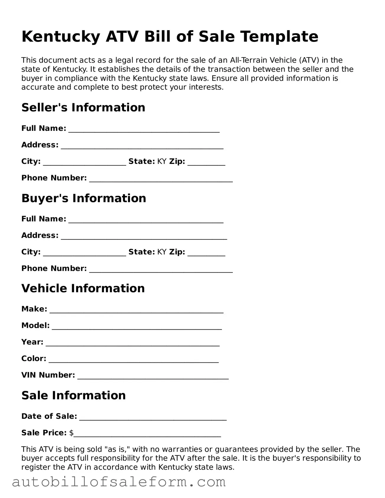 Free  ATV Bill of Sale Template for Kentucky