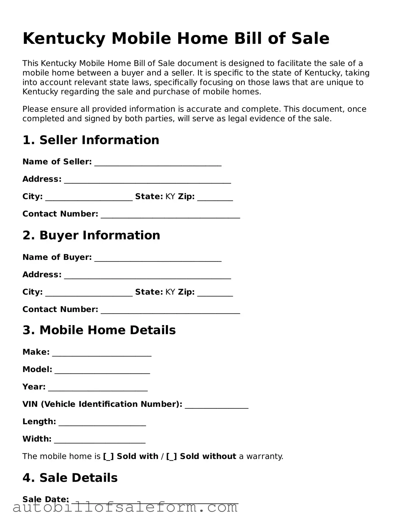 Free  Mobile Home Bill of Sale Template for Kentucky