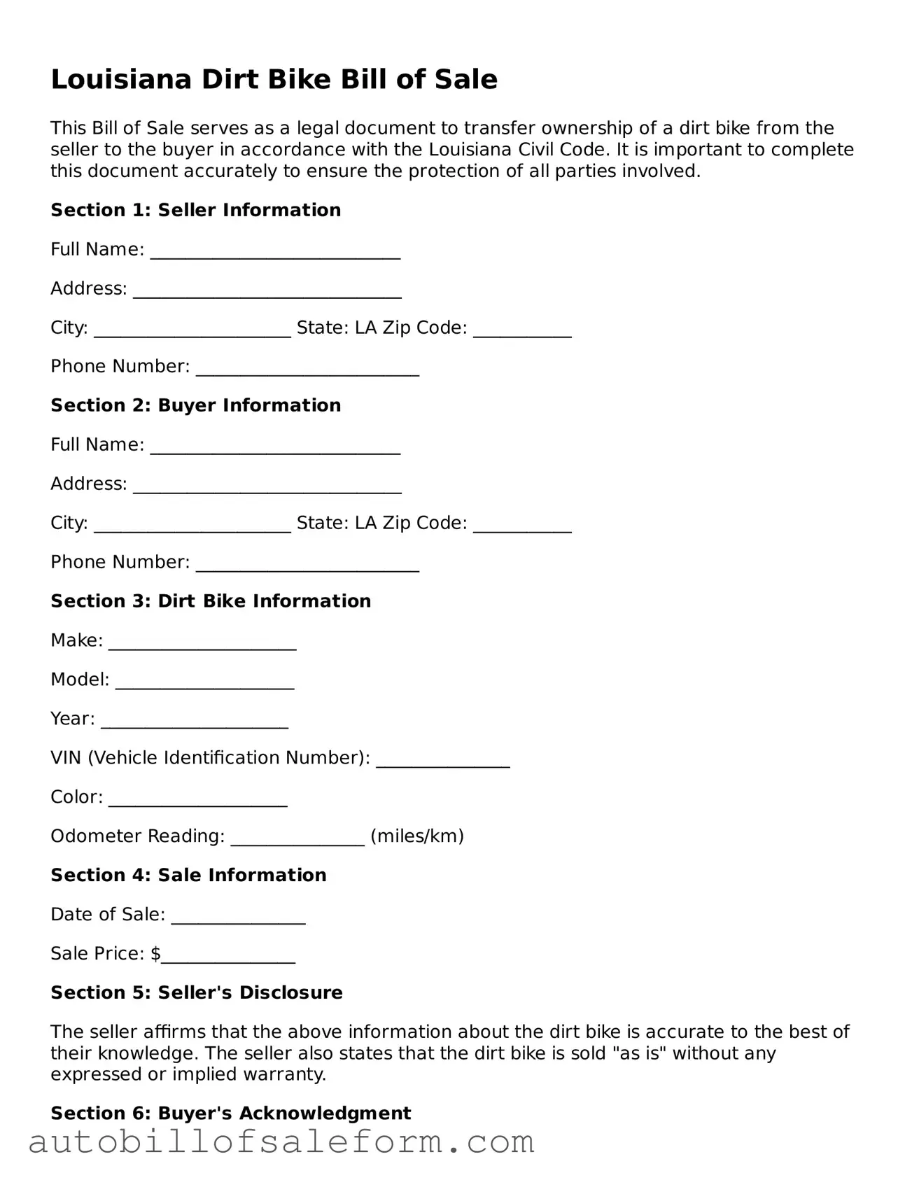 Free  Dirt Bike Bill of Sale Template for Louisiana