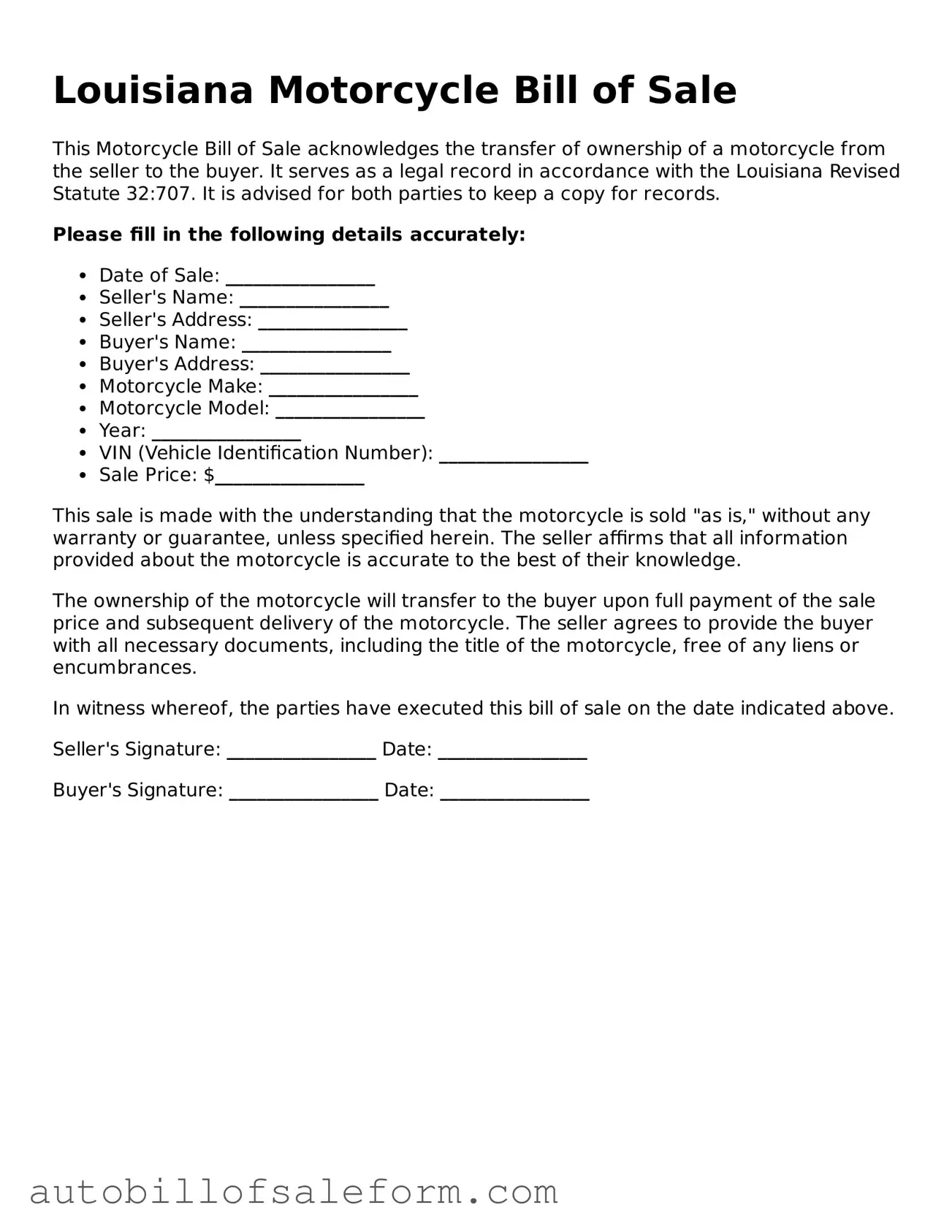 Free  Motorcycle Bill of Sale Template for Louisiana