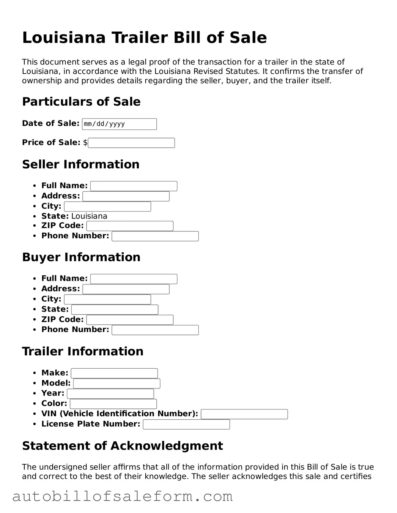 Free  Trailer Bill of Sale Template for Louisiana