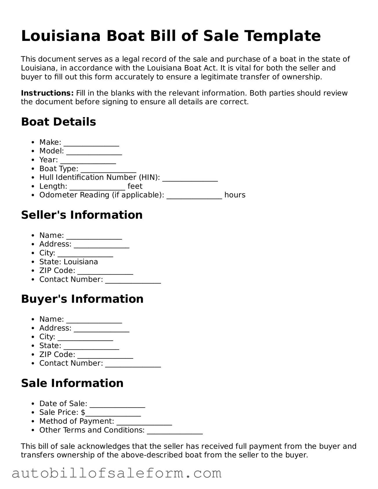 Free  Boat Bill of Sale Template for Louisiana