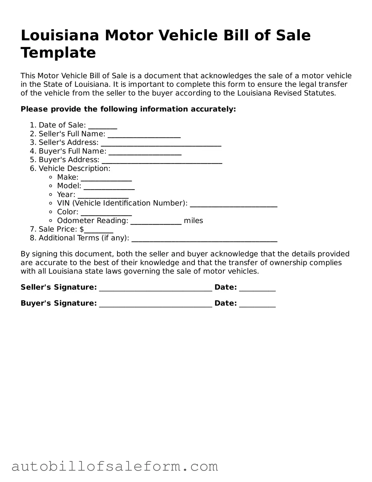Free  Motor Vehicle Bill of Sale Template for Louisiana