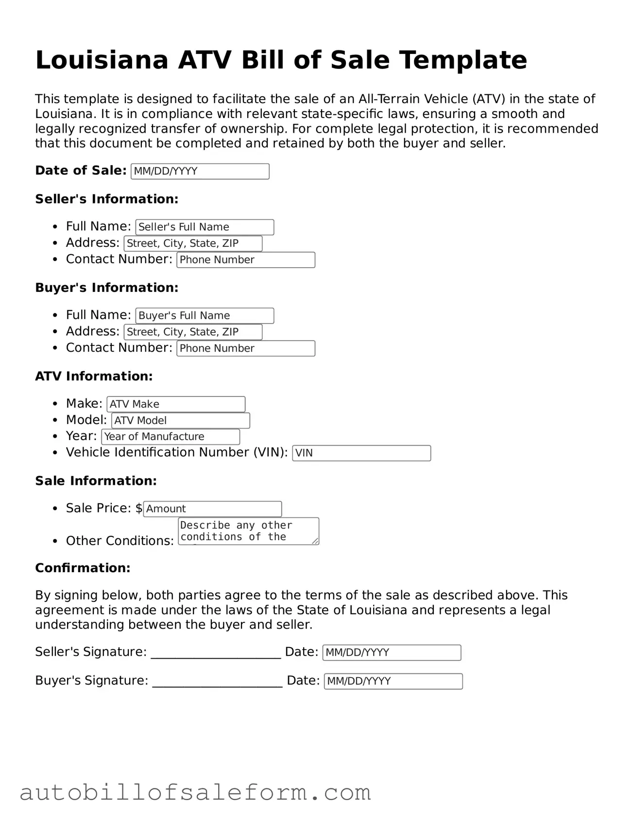 Free  ATV Bill of Sale Template for Louisiana