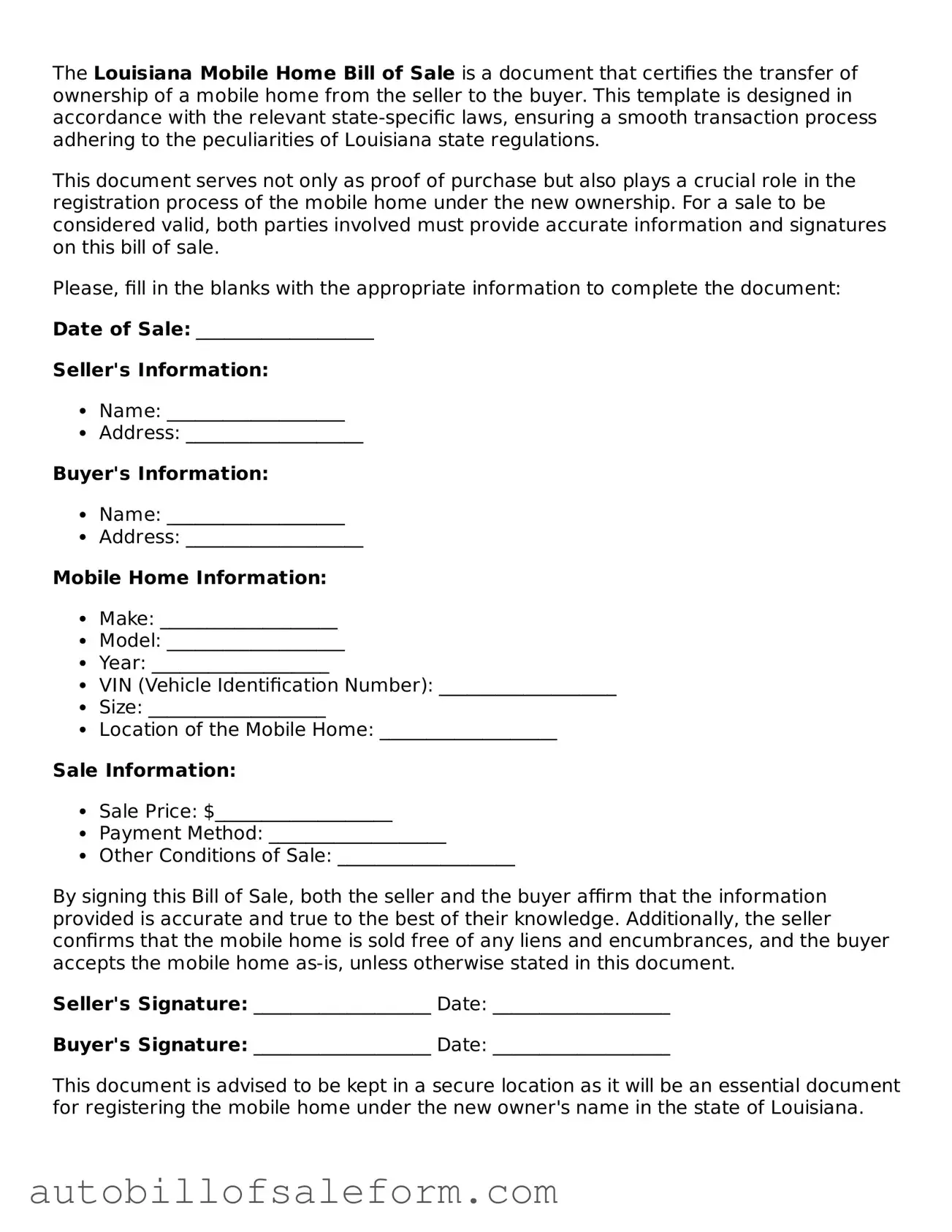 Free  Mobile Home Bill of Sale Template for Louisiana