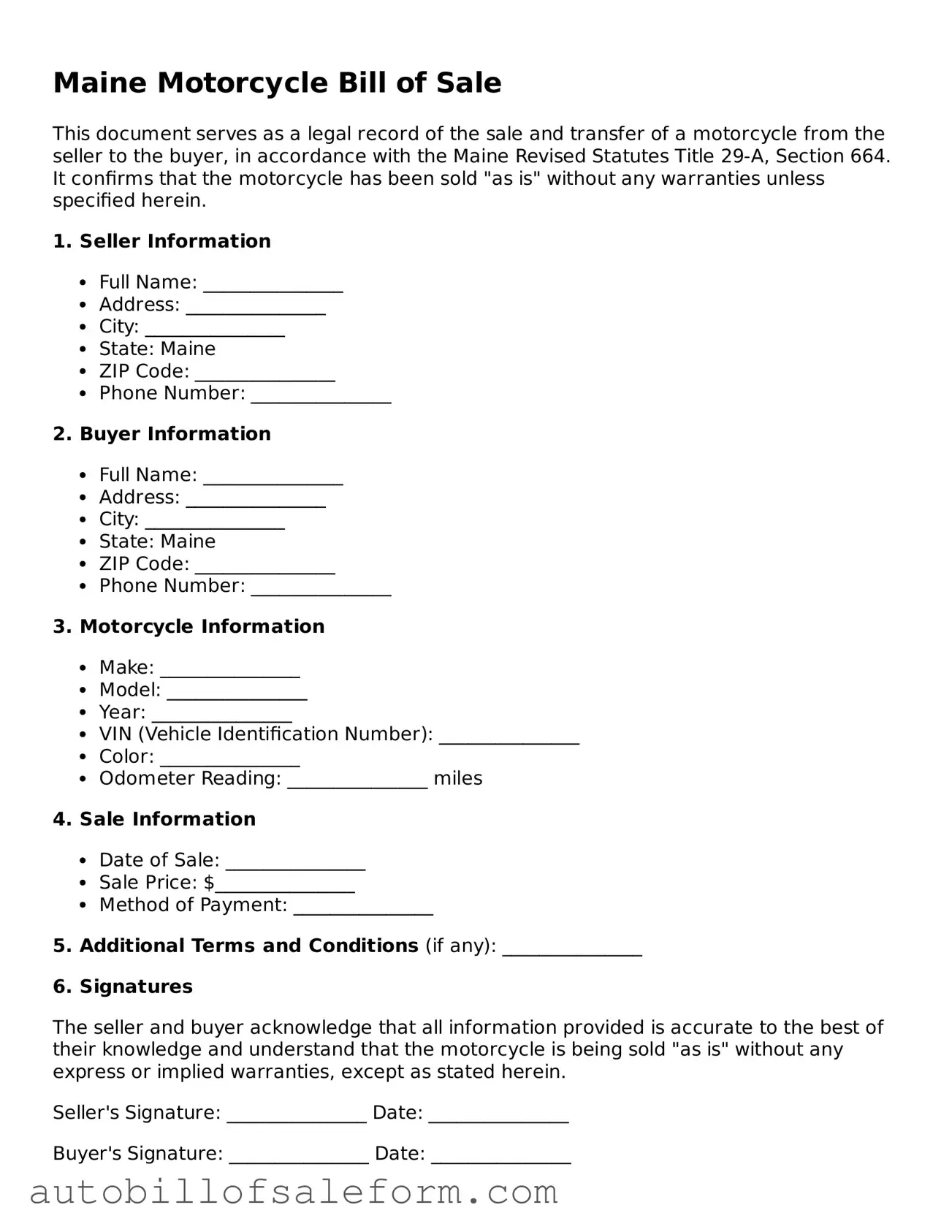 Free  Motorcycle Bill of Sale Template for Maine