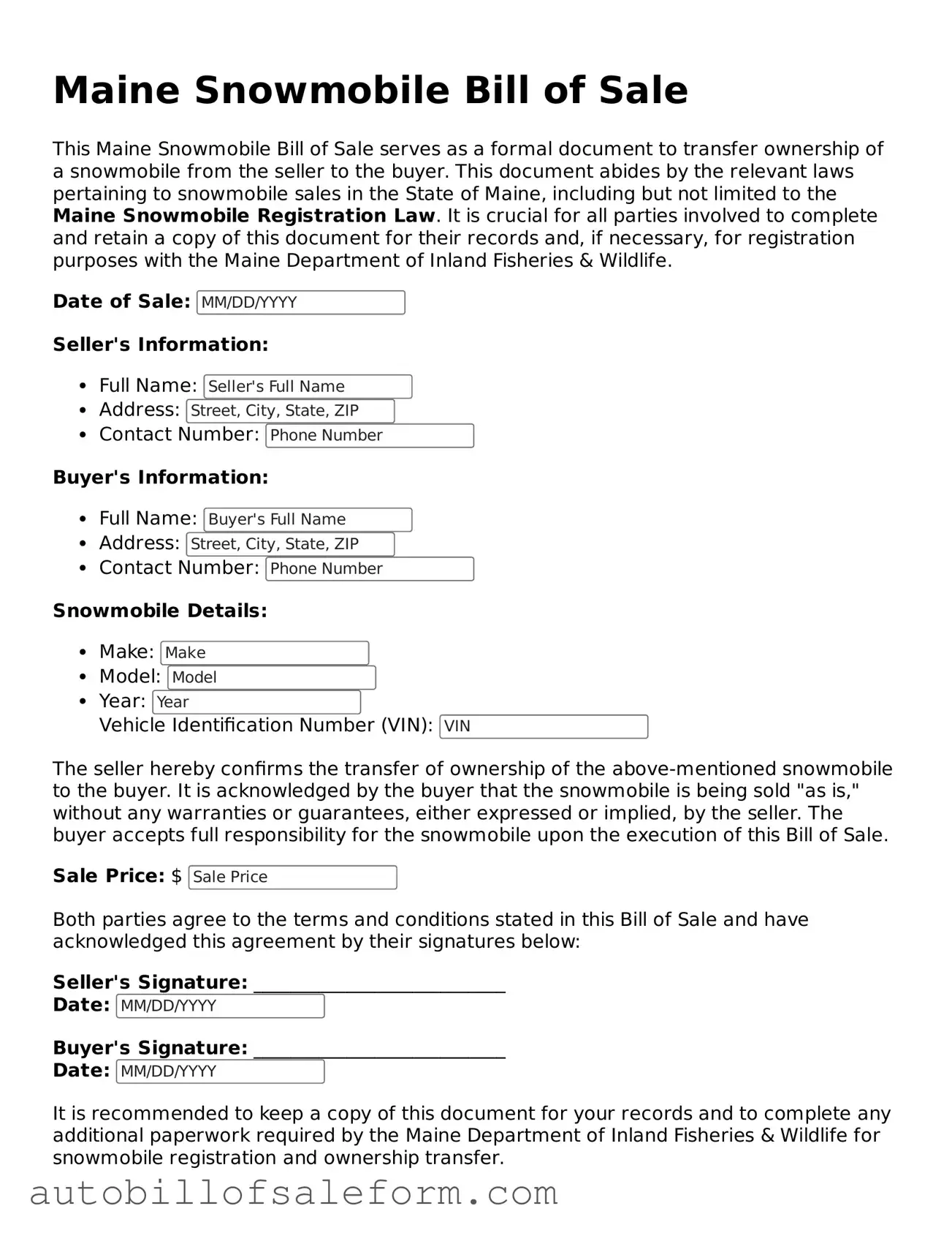 Free  Snowmobile Bill of Sale Template for Maine