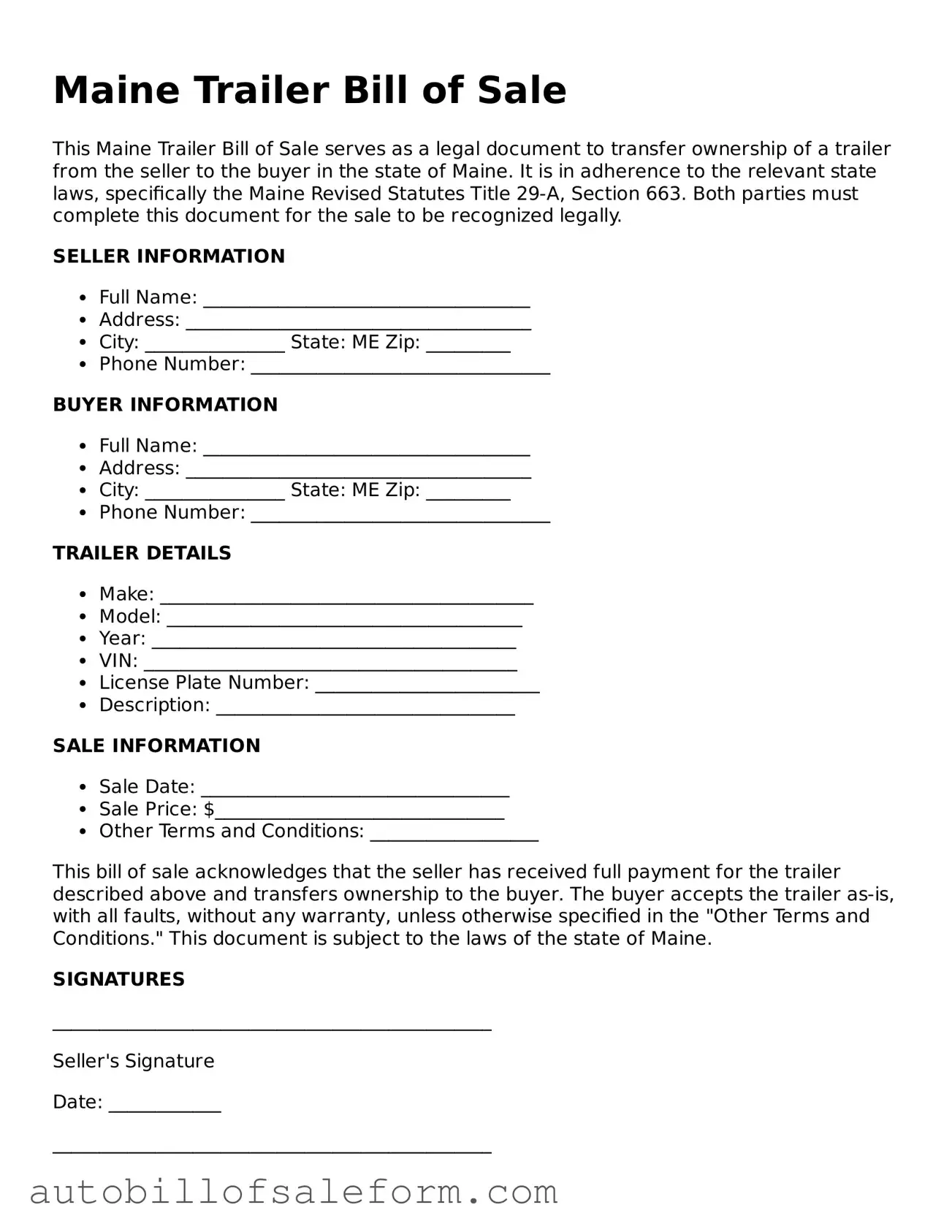 Free  Trailer Bill of Sale Template for Maine
