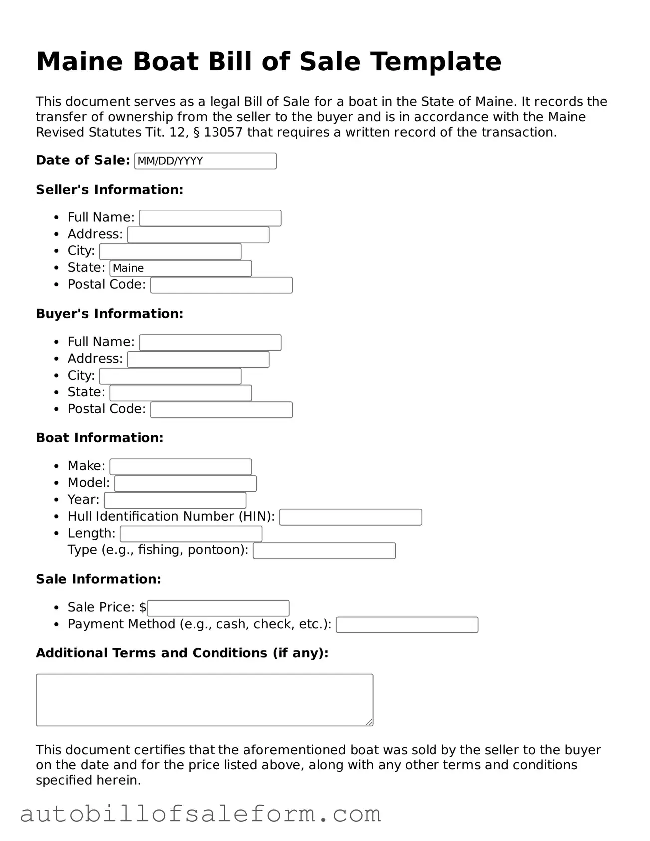 Free  Boat Bill of Sale Template for Maine