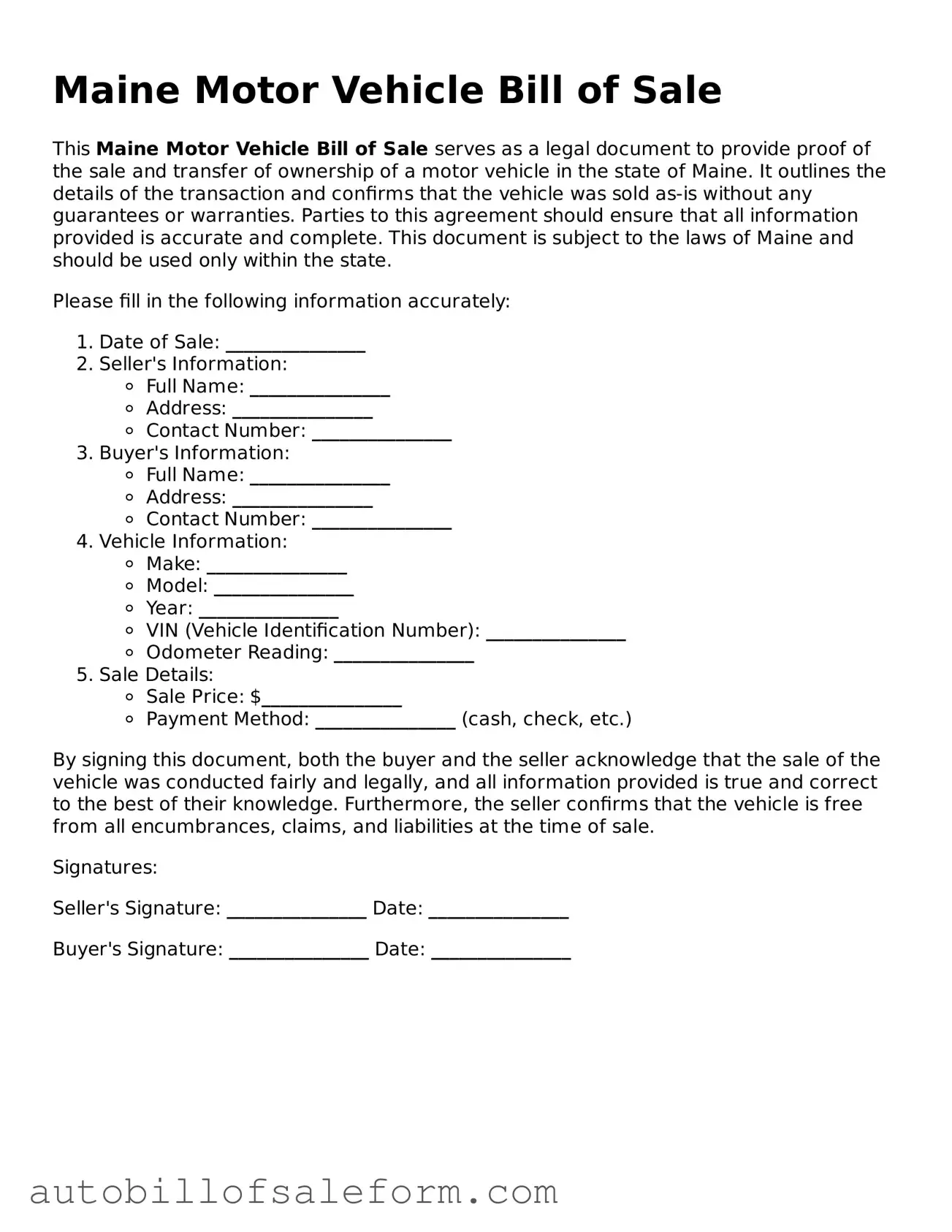 Free  Motor Vehicle Bill of Sale Template for Maine