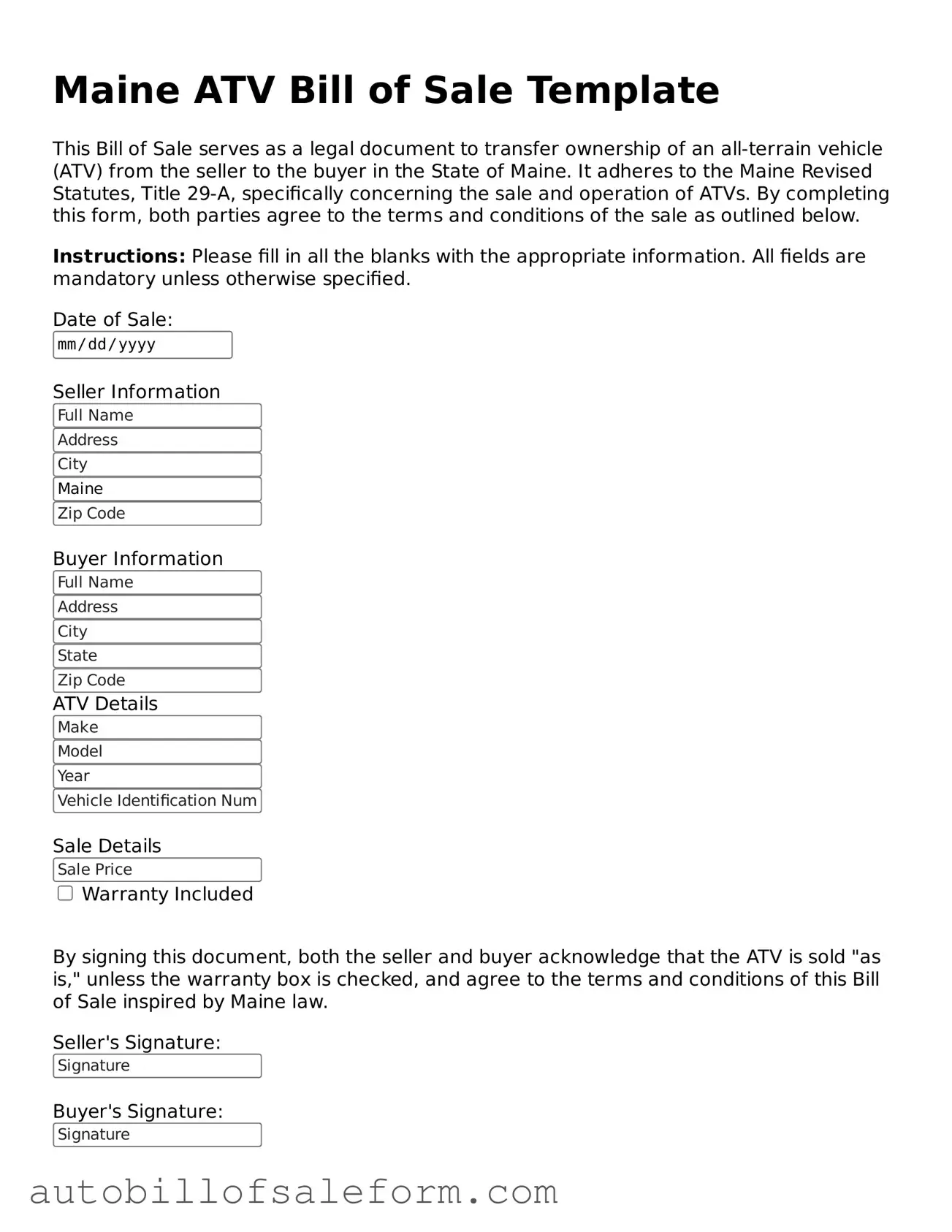 Free  ATV Bill of Sale Template for Maine