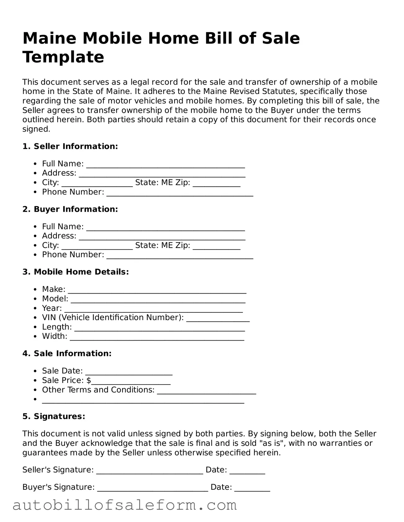 Free  Mobile Home Bill of Sale Template for Maine